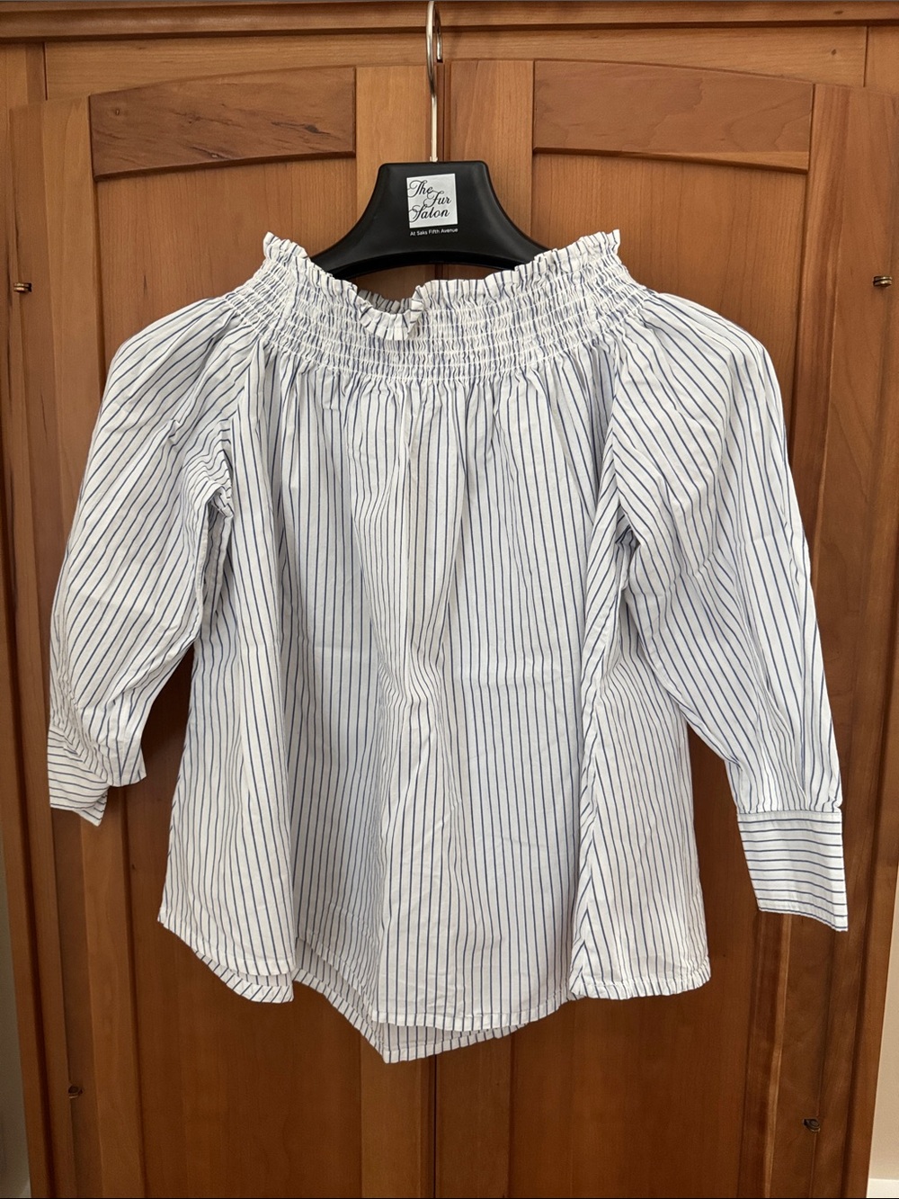 Smocked Off-Shoulder Striped Top - White & Navy